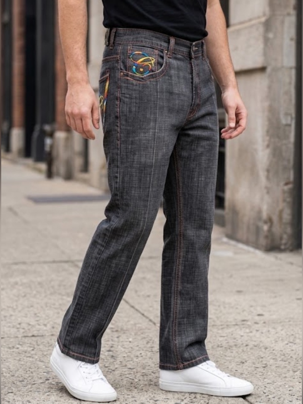 Y2K Russo Skater Baggy Jeans Mens 39x31 Gray Rainbow Embroidery Streetwear